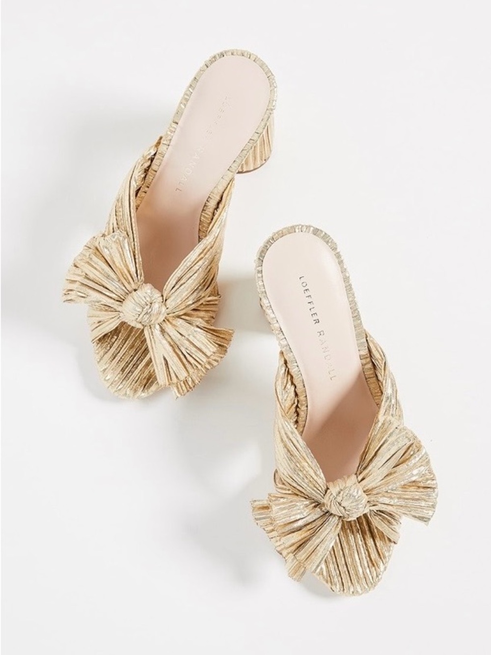 Loeffler Randall Gold Pleated Bow Block Heel Mules Size 6.5 - Picture 2 of 16